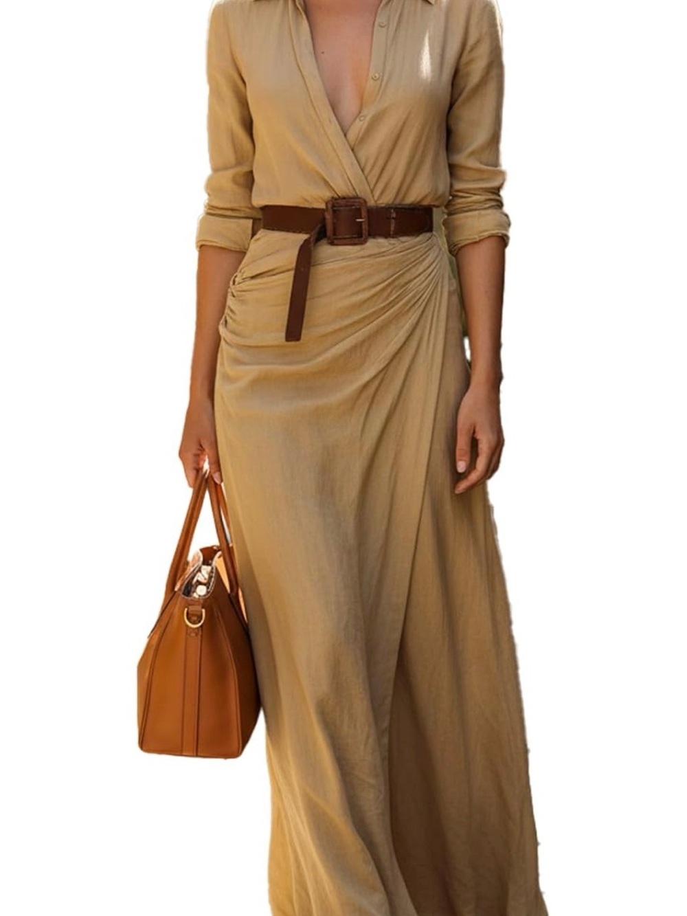 Neutral Tan Wrap Maxi Dress with Brown Belt